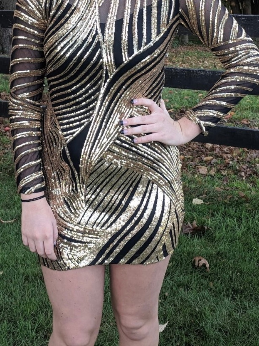 Camille La Vie wedding evening  bodycon gold black swirling art deco dress  s. 6 - Picture 8 of 9